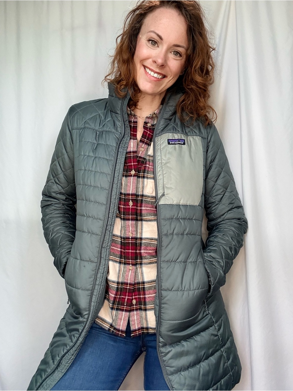 Patagonia Women’s Quilted Long Puffer Coat in Sage with Light Chest Pocket